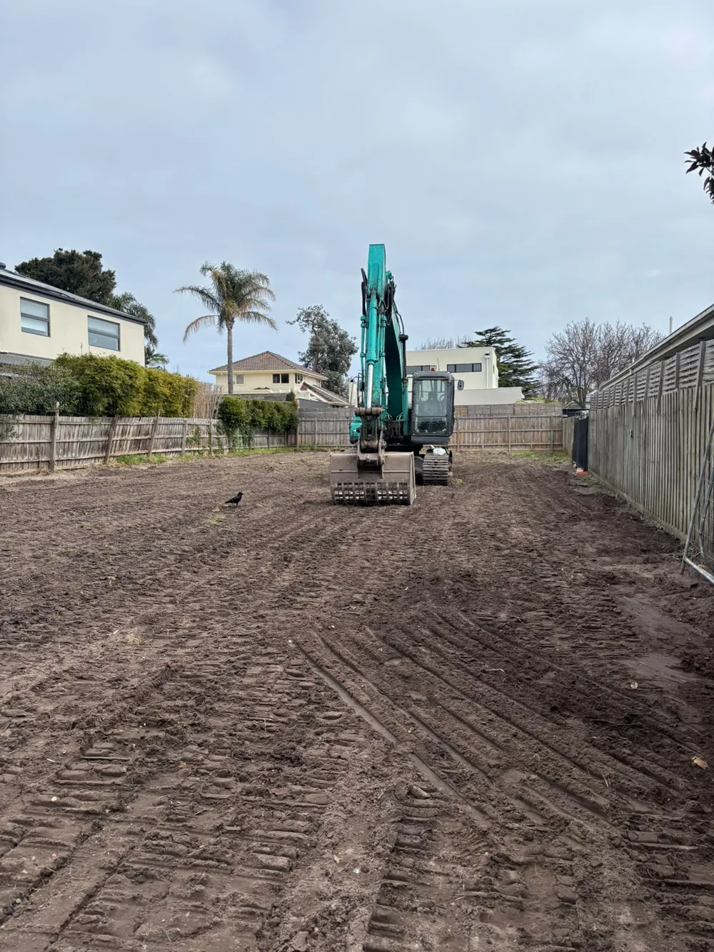 Turquoise excavator on a cleared residential block